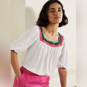Boden crochet trim puff sleeve top white size 6 new without tags. T0952